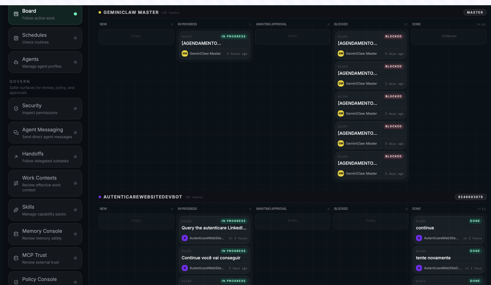 GeminiClaw Studio — Board Kanban com tarefas do agente master