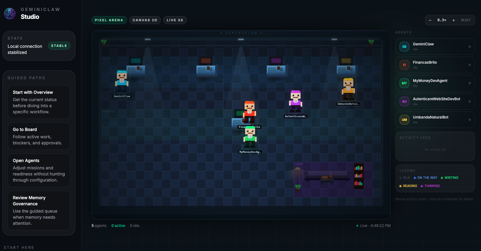 GeminiClaw Studio — Pixel Arena com agentes em tempo real